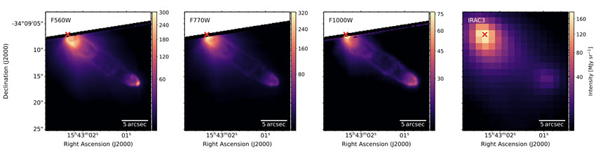 (그림3) IRAS15398-3359로부터 분출된 제트. 빨간색 X로 표시된 곳이 태아별의 위치이며, 왼쪽부터 5.6, 7.7, 그리고 10 마이크로미터 MIRI 적외선 이미지로 여러번의 제트 분출이 있었음을 명확히 보여준다. 맨 왼쪽은 스피처 적외선 우주망원경으로 촬영된 5.8 마이크로미터 이미지로 해상도가 제임스 웹 이미지에 비해 현저히 떨어짐을 볼 수 있다. 