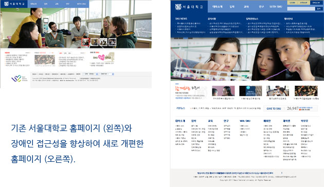 기존 서울대학교 홈페이지(왼쪽)와 장애인 접근성을 향상하여 새로 개편한 홈페이지(오른쪽)