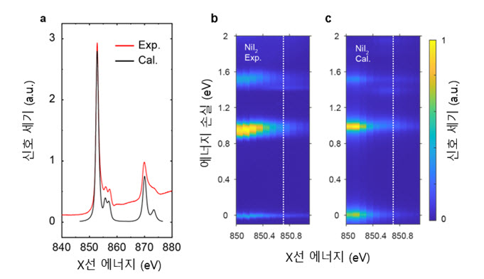 [그림 3] NiI2에서 X선 흡수 스펙트럼과 공명 비탄성 X선 산란 실험. 다체계산 결과