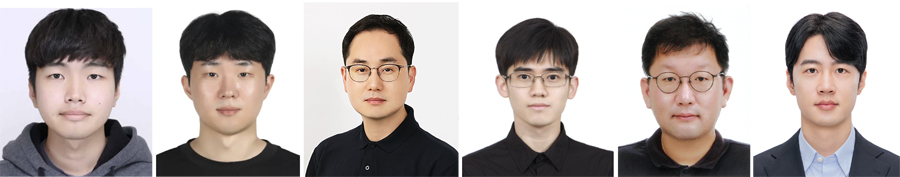 ▲ (왼쪽부터) 박대성 연구원(석사 졸업, 현 삼성전자 재직), 김병현 연구원(서울대학교 석박통합과정 재학 중), 박창원 이화여자대학교 물리학과 교수, 야나노세 구니히로 고등과학원 박사, 손영우 고등과학원 교수, 유효빈 서울대학교 재료공학부 교수