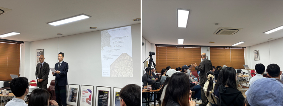 사회를 맡은 이강원 교수가 윤홍기 명예학술연구자를 소개하고 있다.좌), 윤홍기 명예학술연구자가 청중들과 활발한 토론을 하고 있다.우)