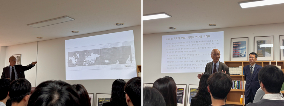 윤홍기 명예학술연구자가 직접 고안한 권력구조가 반영되지 않은 새로운 지도를 제시하고 있다.(좌), 윤홍기 명예학술연구자가 질의응답을 하고 있다.우)