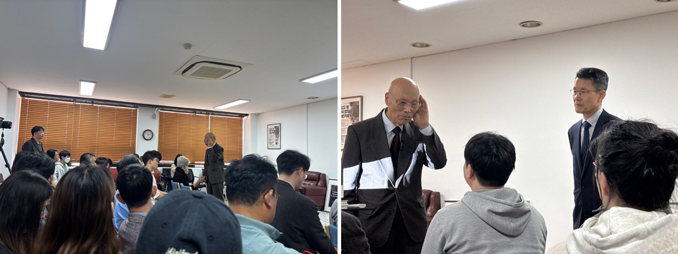 발표자와 청중이 모두 집중하는 질의응답 시간(좌), 학부생과 질의응답 중인 윤홍기 명예학술연구자(우)