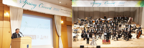축사중인 오연천 총장(왼쪽), 초청음악회 무대(오른쪽)
