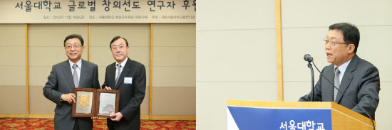 박성회 의학과 교수에게 감사패 수여후 축사하는 오연천 총장