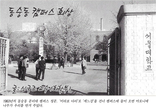 1963년의 동숭동 문리대 캠퍼스 정문, '미라보 다리'로 '세느강'을 건너 캠퍼스에 들어 오면 마로니에 나무가 우리를 반겨 주었다. 동숭동 캠퍼스 회상