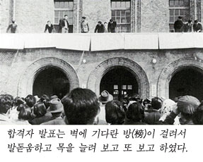 합격자 발표는 벽에 기다란 방이 걸려서 발돋움하고 목을 늘려 보고 또 보고 하였다.